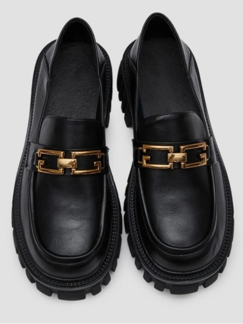 Black Leather Lug-Sole Loafers with Gold Chain Accent